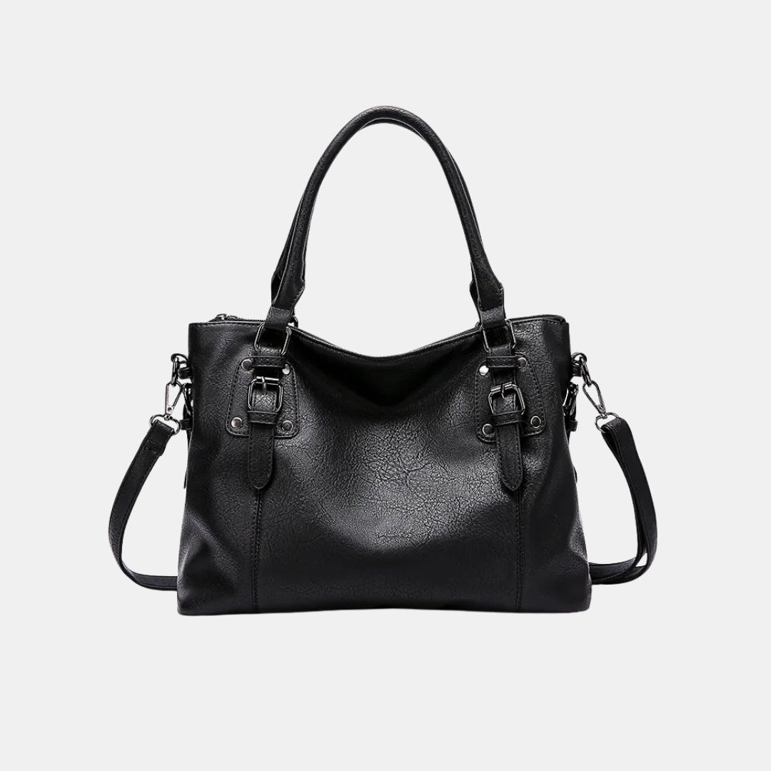 Black leather handbag for women with shoulder strap