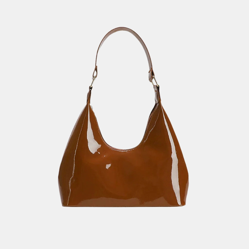 Small brown glossy leather handbag and purse 