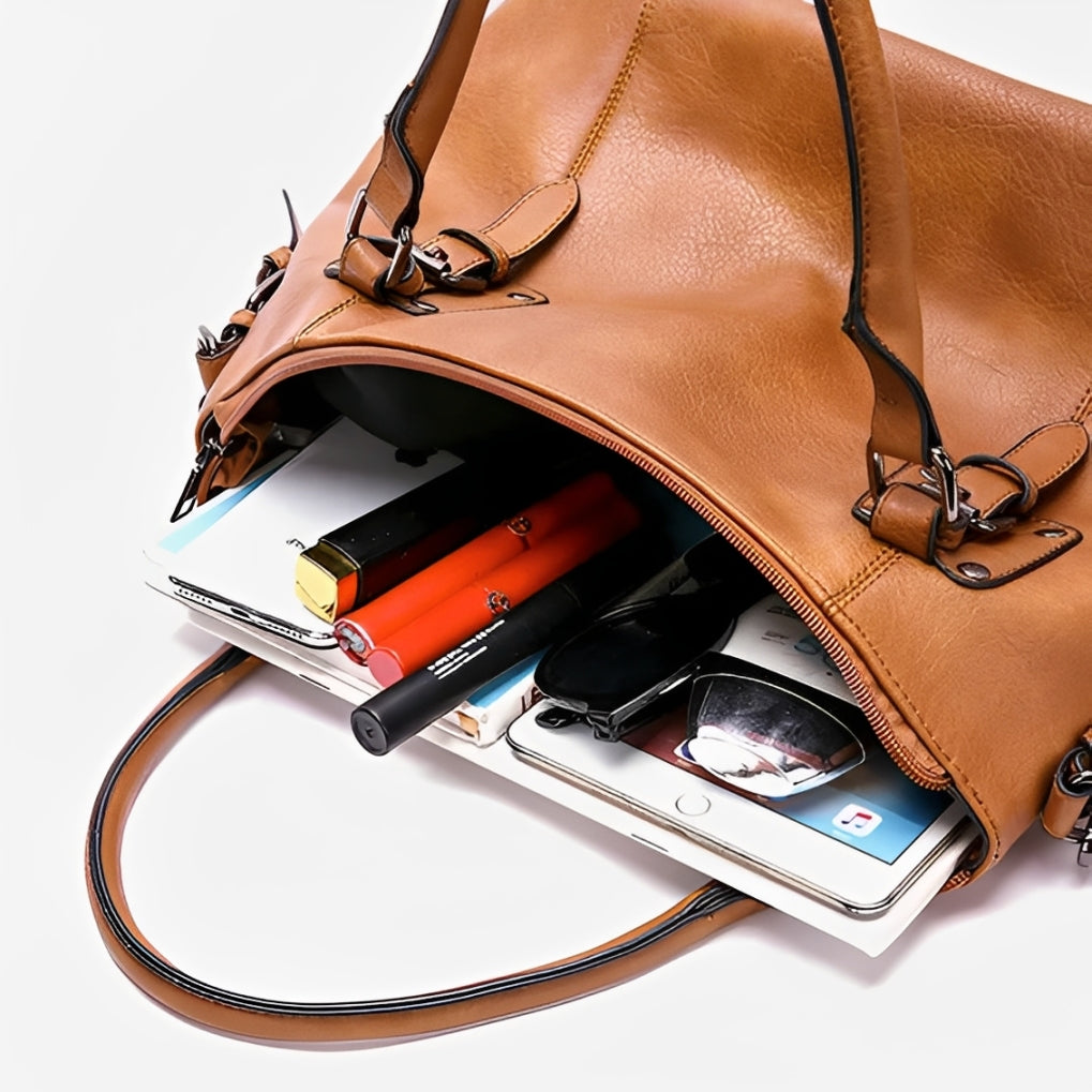 Brown leather handbag interior